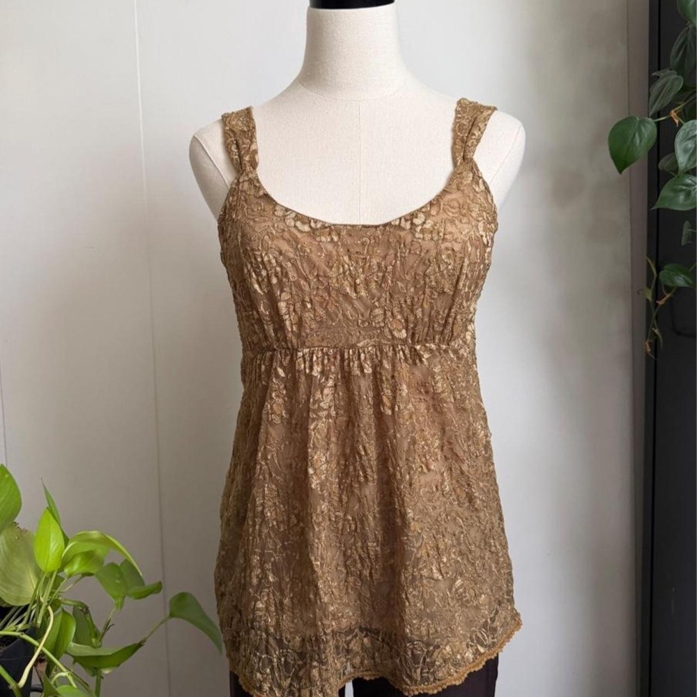 New York and Company Brown Lace Floral Cami Top Tunic Lined Tan Medium